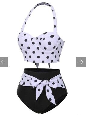 Retro Stage 1950s Halter Contrast Polka Dots 2 Piece Swimsuit Black & White XXL